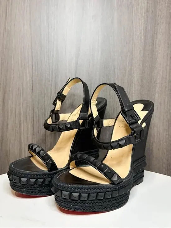 Christian Louboutin Black Studded Espadrille Wedge Sandals - Picture 2 of 5